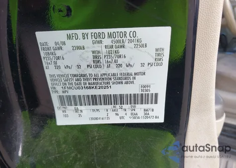 2008 Ford Escape Xlt z USA, uszkodzony, nr VIN 1FMCU03168KE20251